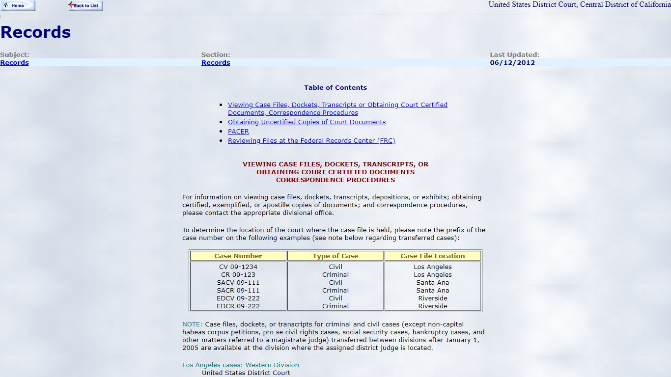 Records - Central District of California U.S.D.C.